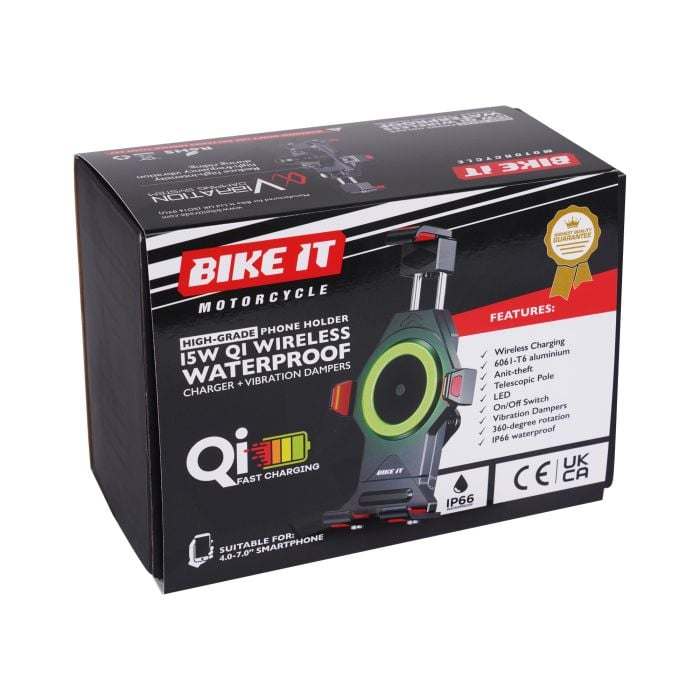 Bike It High Grade Phone Holder 15W QI Wireless Waterproof Charger + Vibration Dampers